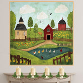 Whimsical Farm Folk Art Print with Red Barn Ducks and Flowers Hand Drawn Country Scene Illustration for Rustic Kitchen Wall Decor or Charming Gift Idea on Ready to Hang 1.5" Thick Canvas Wrap, Floating Framed Canvas, Flat Rolled Canvas